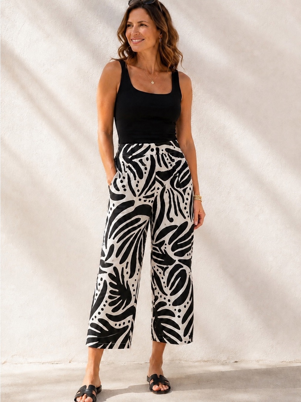 Christian Siriano Wide Leg Linen Blend Black & White Tropical Print Pants XL